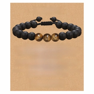 Natural Stone Bead Bracelet With Tiger Eye And Black Matte Agate Adjustable Braided Rope Jewelry Gift For Men