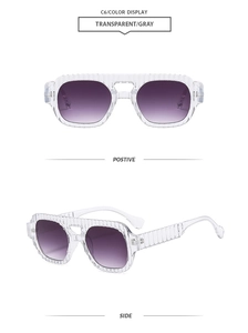 Dual view of transparent purple gradient sunglasses with textured vertical stripe frame