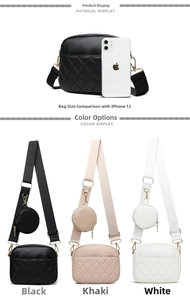 Quilted crossbody bag set in black, khaki, and white compared to iPhone size