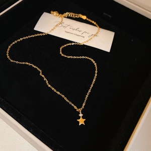 Dettaglio della collana con stella dorata e zircone su un elegante portagioie in velluto
