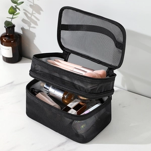 Double-layer black mesh makeup bag with zipper and large capacity for cosmetics storage