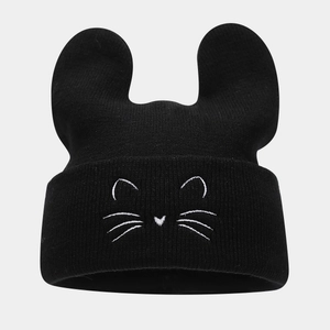Cute Japanese style black knit beanie featuring cat ears and white cat whiskers embroidery