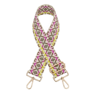 Adjustable woven guitar strap for bags with colorful geometric diamond pattern and gold clips