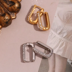 Rectangle earrings in 18K gold and silver finish with pavé set cubic zirconia stones
