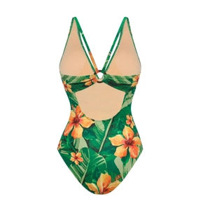 Detail of green one-piece swimsuit featuring tropical floral print and back metal ring
