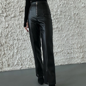 High-waisted black PU leather wide-leg trousers with front zipper and inner slit hem