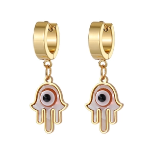 Detail of gold Hamsa hand earrings with purple shell inlay and evil eye protection charm