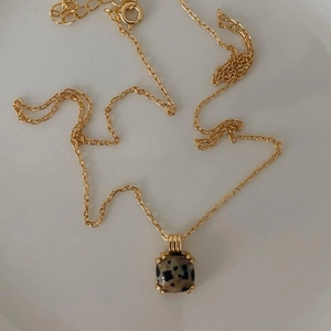 Minimalist 925 sterling silver gold necklace featuring a square dalmatian stone pendant