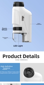 Detail view of portable kid's microscope with 20-60x zoom, LED light and eyepiece focus