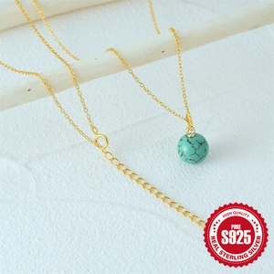 S925 sterling silver gold plated necklace with round turquoise ball pendant and zircon