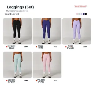 Detail showing high-waist yoga leggings with V-cross design in five vibrant colors