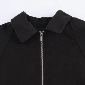 Chic black wool blend zipper jacket for women featuring a minimalist lapel design