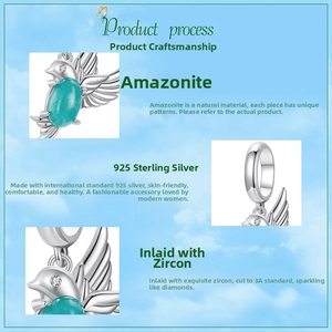 Detail view of 925 sterling silver hummingbird charm with amazonite and 3A zircon stones