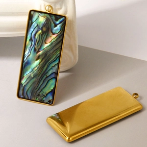 Front and back view of gold-plated stainless steel rectangular abalone shell pendant
