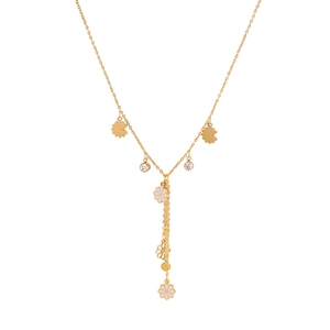 Layered gold flower and butterfly tassel necklace with sparkling crystal charms