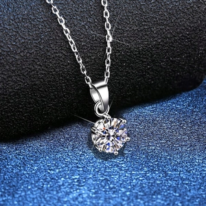 Classic S925 sterling silver necklace with one carat round moissanite in six-prong setting