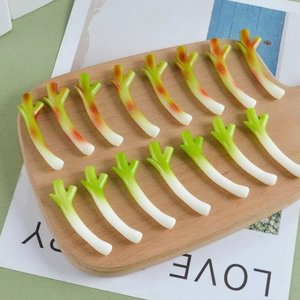 Set of 15 realistic artificial scallion models on wooden board for DIY craft and decor
