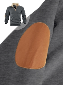 Detail of grey men's sweatshirt featuring camel elbow patches and a warm fleece inner lining