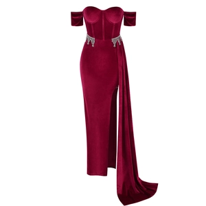 Elegant burgundy velvet evening dress with off-shoulder neckline and crystal waist fringe
