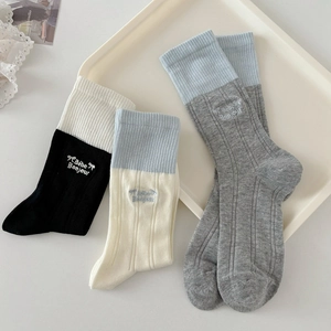Women Crew Socks Cotton Letter Embroidery Bow Contrast Color Cuffs Breathable Soft Sweat Absorbing Casual Ins Style