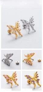 Detailed tile display of butterfly cartilage studs in silver, gold, pink and purple zircon
