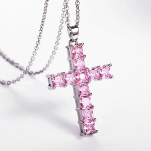 Pink zircon square-cut cross pendant with silver metal chain necklace for women and men