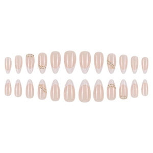 French almond press-on nails in pink gradient with elegant pearl and gold bead accents
