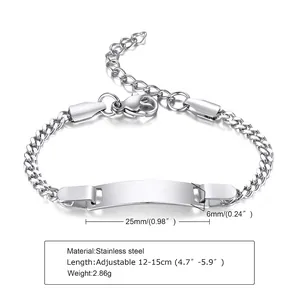 Macro shot of adjustable 12cm stainless steel kids bracelet with 25mm curved ID plate