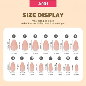 Guide des tailles pour kit de 360 faux ongles brillants avec 15 tailles différentes