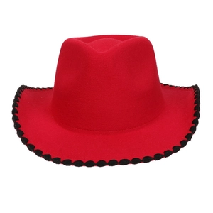 Detail of red wool cowboy hat with black decorative contrast stitching on the brim