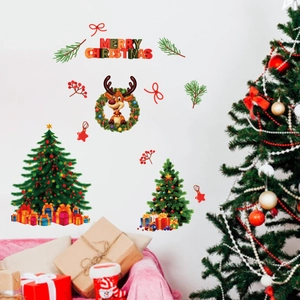 Christmas Wall Stickers PVC Self Adhesive Reindeer Wreath Tree Decals For Window Door Glass Showcase Holiday Decor