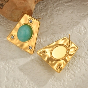 Minimalist geometric 18K gold plated stainless steel studs with green stone and diamonds