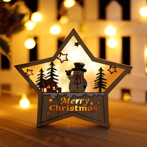 Lampe LED de Noël en bois en forme d'étoile avec bonhomme de neige et sapins