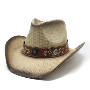 Chapeau de cowboy en paille vintage avec bande en cuir turquoise et large bord