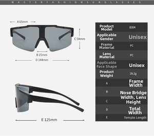 Detailed size specifications for model 8304 sports sunglasses with PC frame measurements