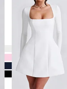 Elegant Square Neck Mini Dress Long Sleeve Slim Fit A-Line Party Cocktail Dress For Women Polyester Elastane