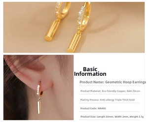 Detail view of gold-plated geometric hoop earrings with AAA zirconia and dimensions