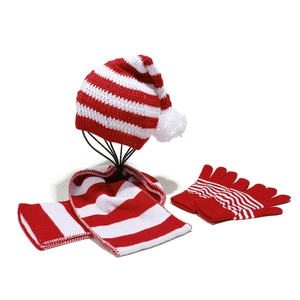 Red and white striped knit Christmas set with pom-pom hat, scarf, and warm winter gloves