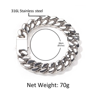 Polished 12mm 316L stainless steel Cuban link bracelet with 20cm length and 70g weight