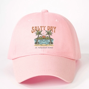 Pink cotton baseball cap with Salty Day palm tree print and adjustable strap for women