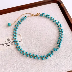 Collier de perles œil de tigre en acier titane avec perles rondes facettées turquoise
