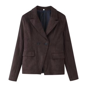 Veste chic en daim marron foncé pour femme avec col à revers et double boutonnage