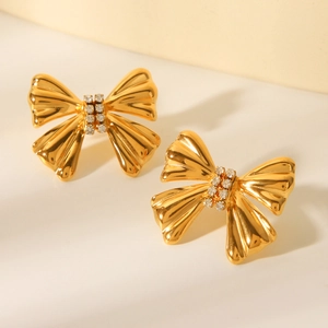 Elegant 18K gold plated bow earrings with sparkling crystal accents for women