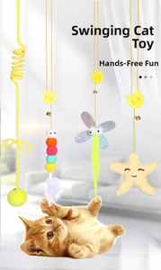 Hanging interactive cat toy set with bell, plush balls, and dragonfly for kitten play