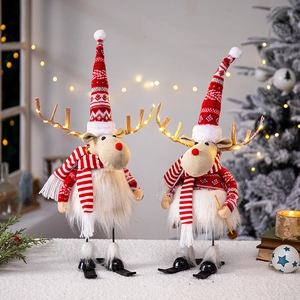 Ornement de Renne de Noël en Peluche Nordique Avec Bois Lumineux LED Figurine d'Élan de Ski Décoration de Table pour Fête à la Maison