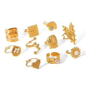 10-piece gold stainless steel ring set featuring shell, heart, and pearl designs
