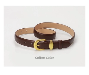 Detail of coffee brown leather belt with gold alloy buckle and polished metal loop