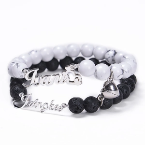 Natural Stone Lava White Turquoise Couple Distance Bracelets With Magnetic Heart Clasp Nameplate Handmade Braided Wristband For Lovers Gift