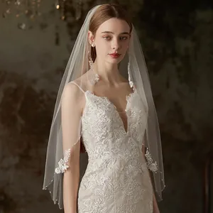 90cm single layer bridal veil with floral lace appliques and delicate hand-beaded details