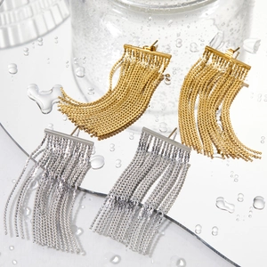 Elegant stainless steel S-shaped chain tassel drop earrings in gold and silver finish